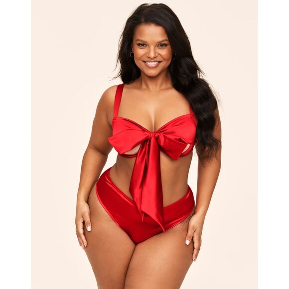 Adore Me Womens Gynger Bra Panty Set Plus Size 2X Red Satin Bow Unlined Romantic - Picture 1 of 12
